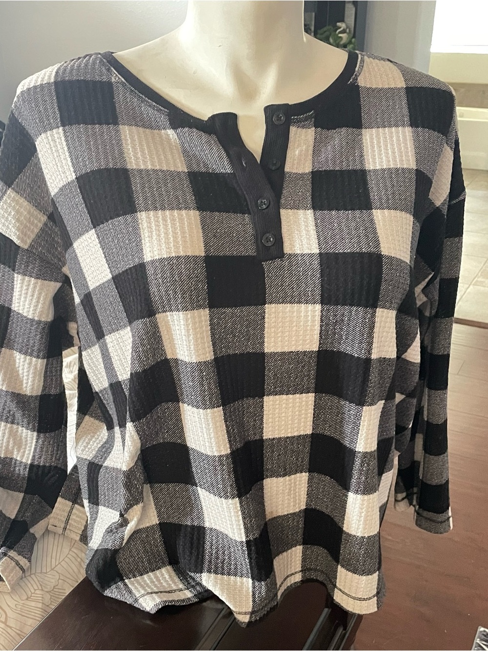 Plaid Waffle Knit Henley Sweater-2X